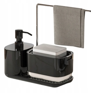 Zestaw organizer do kuchni 3w1 czarny dozownik do mydła na płyn do naczyń z pompką