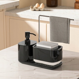 Zestaw organizer do kuchni 3w1 czarny dozownik do mydła na płyn do naczyń z pompką
