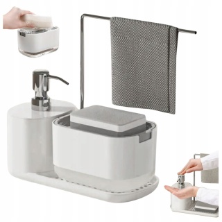 Zestaw organizer do kuchni 3w1 biały dozownik do mydła na płyn do naczyń z pompką