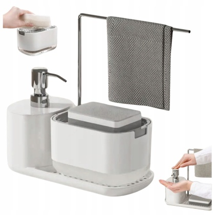 Zestaw organizer do kuchni 3w1 biały dozownik do mydła na płyn do naczyń z pompką