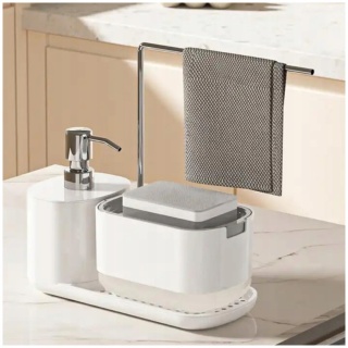 Zestaw organizer do kuchni 3w1 biały dozownik do mydła na płyn do naczyń z pompką