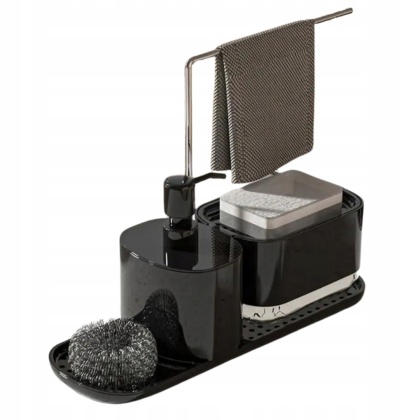 Zestaw organizer do kuchni 4w1 czarny dozownik do mydła na płyn do naczyń z pompką