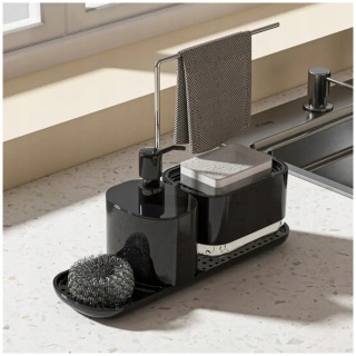 Zestaw organizer do kuchni 4w1 czarny dozownik do mydła na płyn do naczyń z pompką