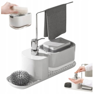 Zestaw organizer do kuchni 4w1 biały dozownik do mydła na płyn do naczyń z pompką