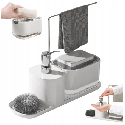 Zestaw organizer do kuchni 4w1 biały dozownik do mydła na płyn do naczyń z pompką