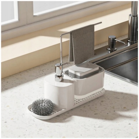 Zestaw organizer do kuchni 4w1 biały dozownik do mydła na płyn do naczyń z pompką