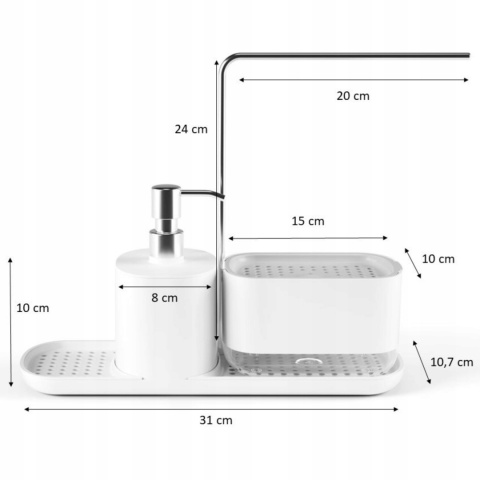 Zestaw organizer do kuchni 4w1 biały dozownik do mydła na płyn do naczyń z pompką