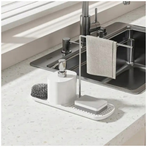 Zestaw organizer do kuchni 4w1 biały dozownik do mydła na płyn do naczyń z pompką